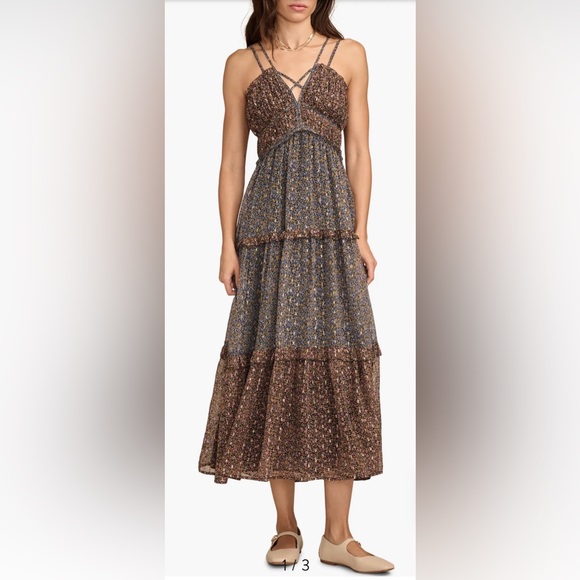 Lucky Brand Dresses & Skirts - Lucky Brand Ruffle Floral Maxi Sundress Blue Brown w Gold  Size Large